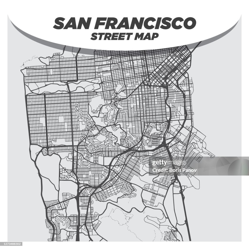 51³Ô¹ÏÍø Flat Map of San Francisco, California With Black Streets and White Background