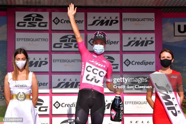 Podium / Marianne Vos of The Netherlands and Team CCC - Liv Purple Points Jersey / Celebration / Champagne / Mask / Covid safety measures / Miss /...