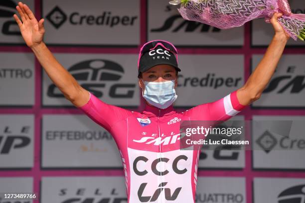 Podium / Marianne Vos of The Netherlands and Team CCC - Liv Purple Points Jersey / Celebration / Mask / Covid safety measures / during the 31st Giro...