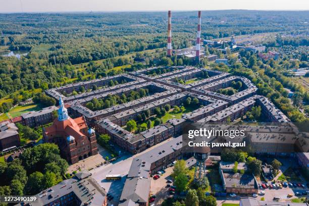 aerial view of nikiszowiec neighbourhood in katowice, poland - katowice stock pictures, royalty-free photos & images