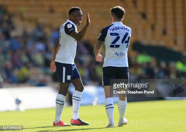 Darnell Fisher of Preston North End celebrates after scoring his team's second goal during the Sky Bet Championship match between Norwich City and...