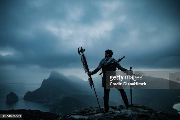 half silhouette of medieval fantasy knight in front of an impressive landscape - dramatic actor stock pictures, royalty-free photos & images