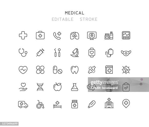 illustrazioni stock, clip art, cartoni animati e icone di tendenza di 35 raccolta di icone della linea medica ictus modificabile - medical device