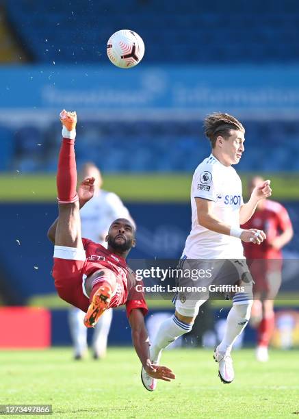 Denis Odoi of Fulham makes an overhead kick during the Premier League match between Leeds United and Fulham at Elland Road on September 19, 2020 in...