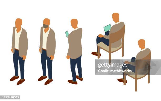 isometric man front and rear variations - looking over shoulder stock illustrations