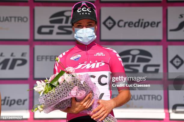 Podium / Marianne Vos of The Netherlands and Team CCC - Liv Purple Points Jersey / Celebration / Mask / Covid safety measures / Flowers / during the...