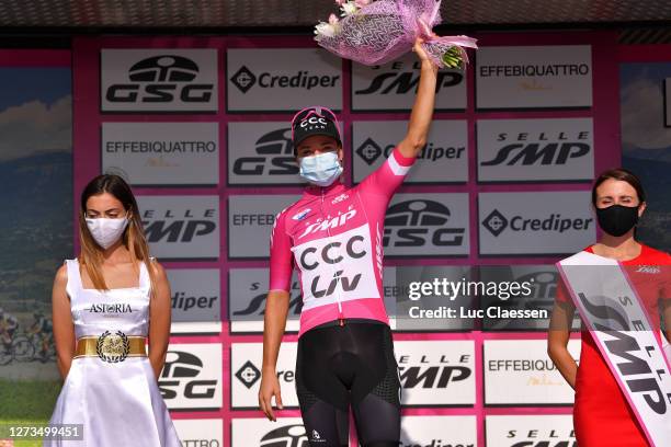 Podium / Marianne Vos of The Netherlands and Team CCC - Liv Purple Points Jersey / Celebration / Mask / Covid safety measures / Flowers / Hostess /...