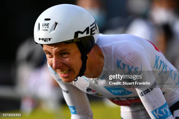 Arrival / Tadej Pogacar of Slovenia and UAE Team Emirates White Best Young Jersey / during the 107th Tour de France 2020, Stage 20 a 36,2km...