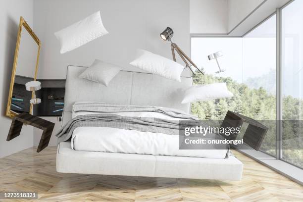 zero gravity bedroom with forest view - paranormal home stock pictures, royalty-free photos & images