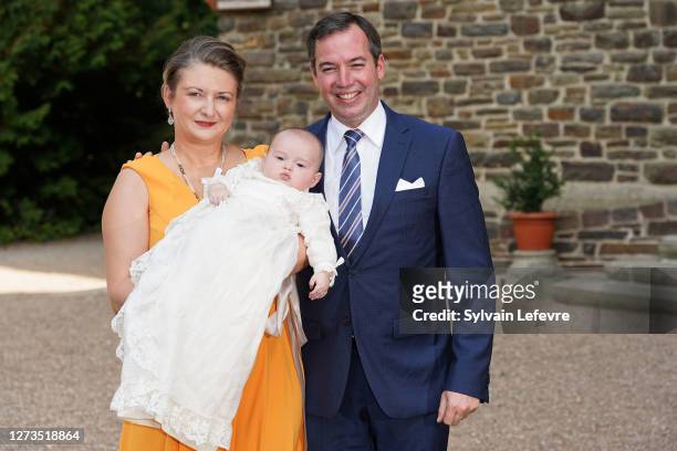Hereditary Grand Duchess Stephanie of Luxembourg and Hereditary Grand Duke Guillaume of Luxembourg with their son Prince Charles of Luxembourg arrive...