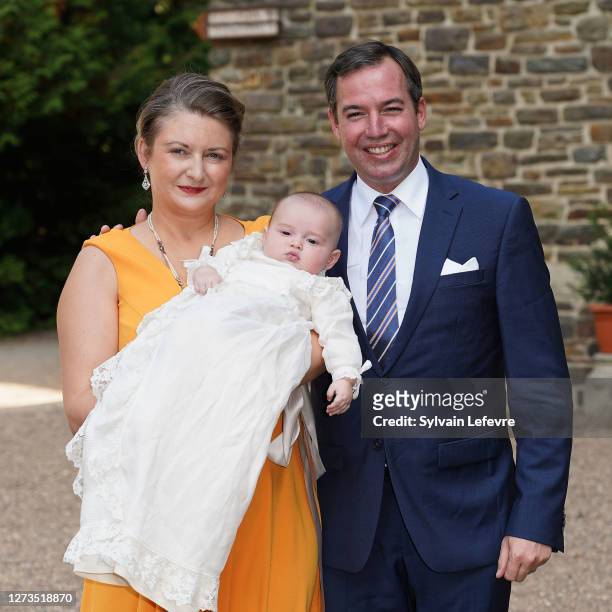 Hereditary Grand Duchess Stephanie of Luxembourg and Hereditary Grand Duke Guillaume of Luxembourg with their son Prince Charles of Luxembourg arrive...