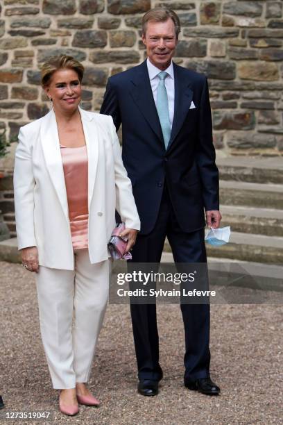 Grand Duke Henri of Luxembourg and Grand Duchess Maria Teresa of Luxembourg arrive for the baptism of Prince Charles of Luxembourg at l'Abbaye St...