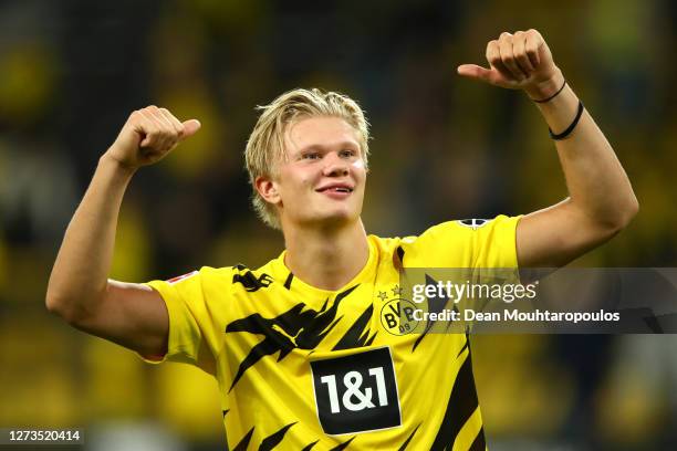 Erling Haaland of Borussia Dortmund shows appreciation to the fans following the Bundesliga match between Borussia Dortmund and Borussia...