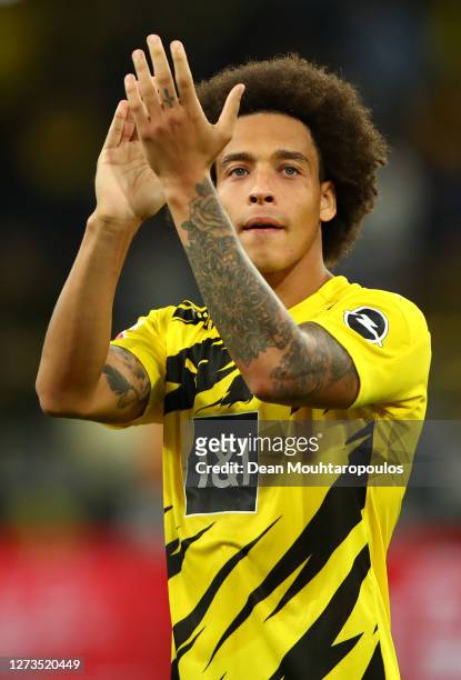 Axel Witsel of Borussia Dortmund shows appreciation to the fans after the Bundesliga match between Borussia Dortmund and Borussia Moenchengladbach at...