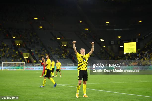 General view inside the stadium as Erling Haaland of Borussia Dortmund shows appreciation to the fans after the Bundesliga match between Borussia...