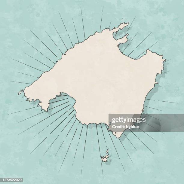 bildbanksillustrationer, clip art samt tecknat material och ikoner med mallorca karta i retro vintage stil - gamla texturerat papper - palma de mallorca