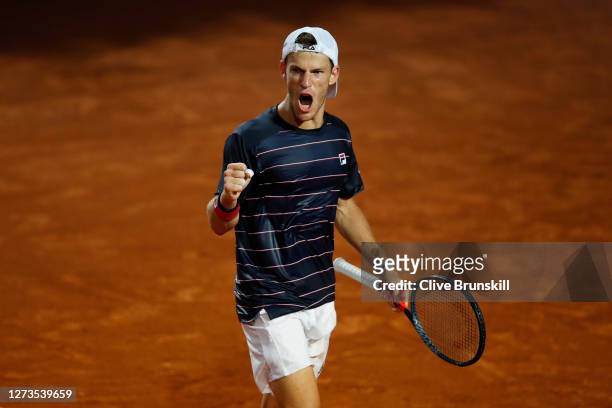 Diego Schwartzman of Argentina celebrates in his quarter-final match against Rafael Nadal of Spain during day six of the Internazionali BNL d'Italia...