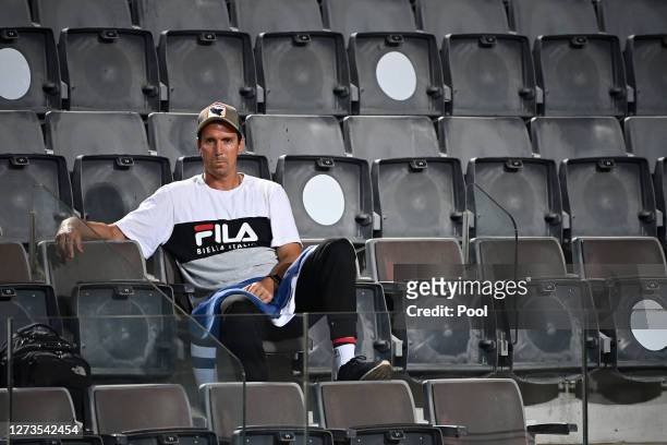 Juan Ignacio Chela, coach of Diego Schwartzman of Argentina looks on during his quarter-final match against Rafael Nadal of Spain during day six of...