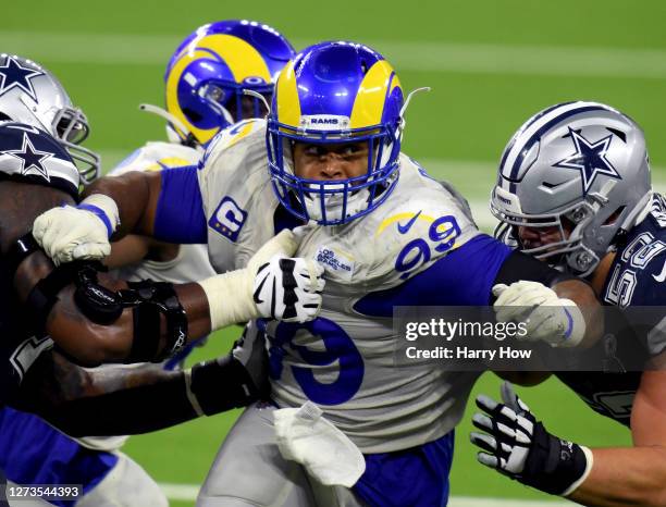 Aaron Donald of the Los Angeles Rams rushes during a 20-17 win over the Dallas Cowboys at SoFi Stadium on September 13, 2020 in Inglewood, California.