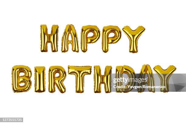 happy birthday sign made of foil balloons isolated on white background - decorative balloons stockfoto's en -beelden