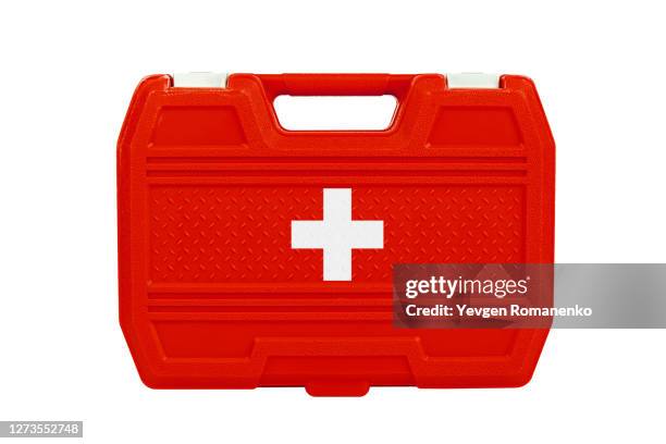 first aid kit, isolated on white background - in case of discomfort fotografías e imágenes de stock