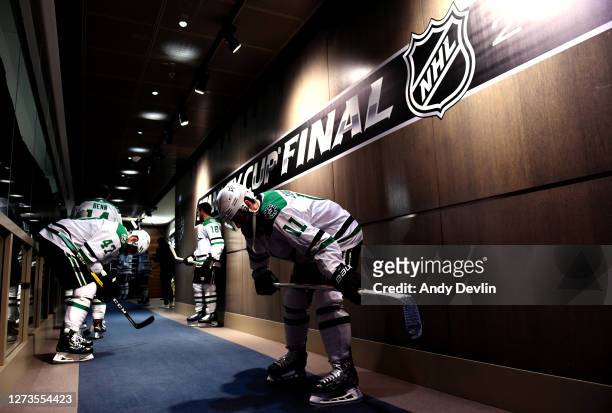 Andrew Cogliano of the Dallas Stars and his teammates wait in the hallway before walking to the ice for warm-up before Game One of the NHL Stanley...