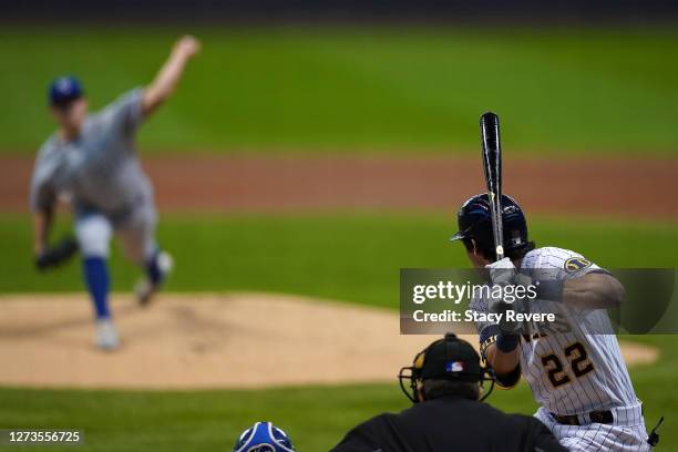 Christian Yelich of the Milwaukee Brewers at bat during the first inning against the Kansas City Royals at Miller Park on September 19, 2020 in...