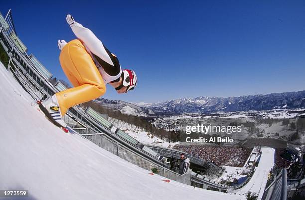 Bill Demong of the USA competes in the nordic combined ski jump in Hakuba during the 1998 Olympic Winter Games in Nagano, Japan. \ Mandatory Credit:...