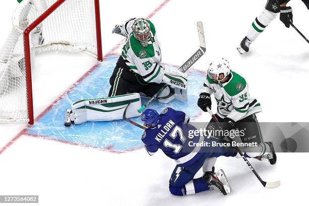 Anton Khudobin of the Dallas Stars makes the save on a shot by Alex Killorn of the Tampa Bay Lightning during the third period in Game One of the...