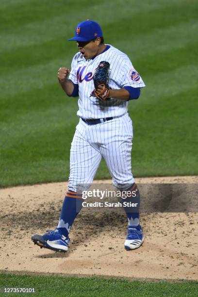 Erasmo Ramirez of the New York Mets reacts after pitching the final out during the ninth inning against the Atlanta Braves at Citi Field on September...