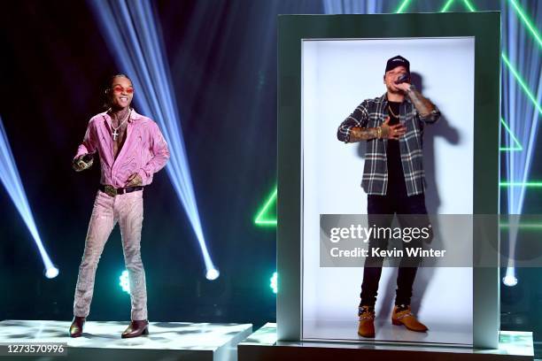 In this image released on September 19, Swae Lee performs with Kane Brown for the 10th Anniversary of the iHeartRadio Music Festival streaming on...