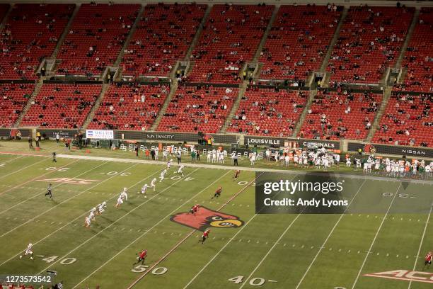 The crowd is spaced out to watch the Louisville Cardinals against the Miami Hurricanes at Cardinal Stadium on September 19, 2020 in Louisville,...