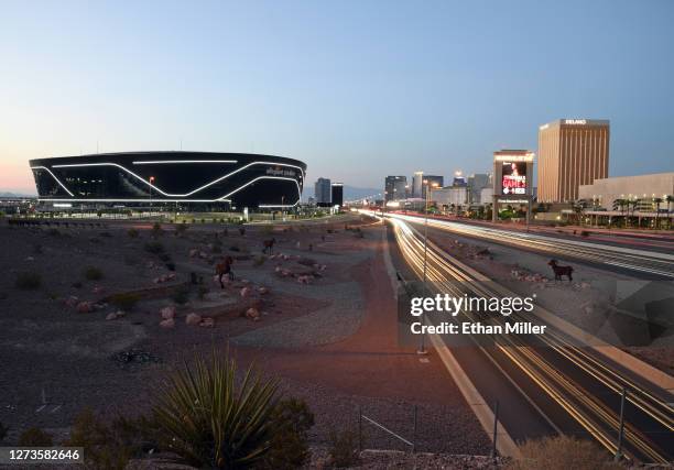 An exterior view shows Allegiant Stadium, the USD 2 billion 000-seat home of the Las Vegas Raiders, west of the Las Vegas Strip on September 19, 2020...