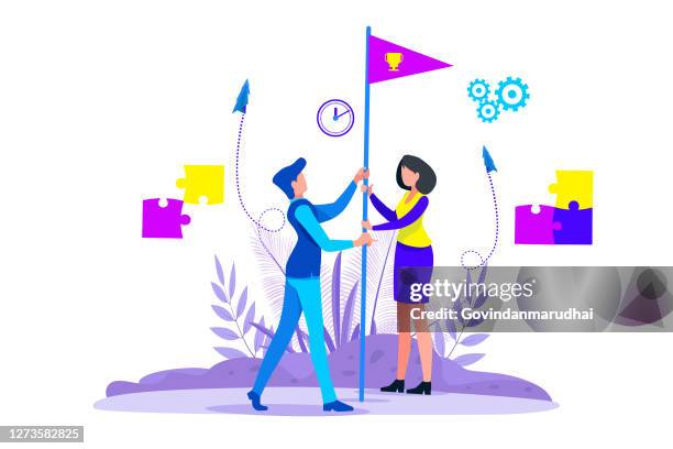 teamwork, goal achievement, flag as a symbol of success and heights - scoreboard stock illustrations