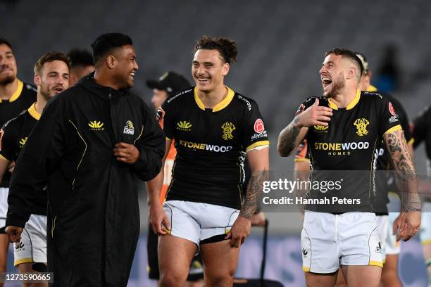 Julian Savea, Peter Umaga-Jensen and TJ Perenara of Wellington celebrate after winning the round 2 Mitre 10 Cup match between Auckland and Wellington...