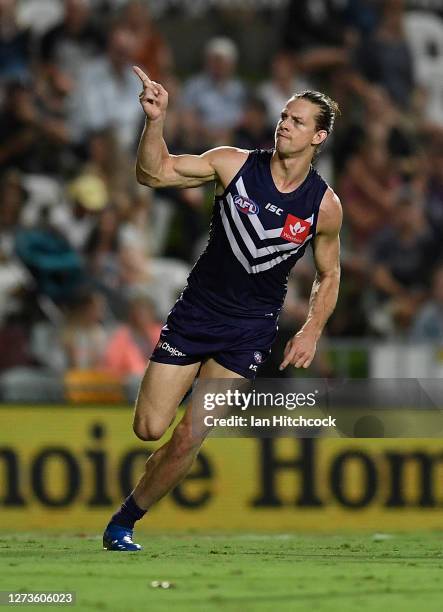 Nat Fyfe of the Dockers celebrates after scoring a goal during the round 18 AFL match between the Fremantle Dockers and the Western Bulldogs at...