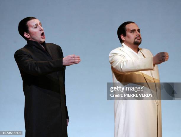 Italian tenor Marco Berti as F.B. Pinkerton and Dwayne Croft as Sharpless, perform 20 January 2006 on the stage of the Opera Bastille in Paris,...