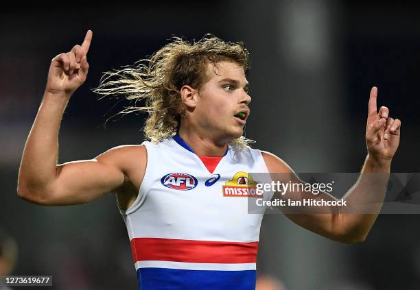 Bailey Smith of the Bulldogs celebrates after scoring a goal the round 18 AFL match between the Fremantle Dockers and the Western Bulldogs at...