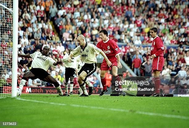 Robbie Fowler of Liverpool scores on his return from injury during the FA Carling Premiership match against Charlton Athletic at Anfield in...