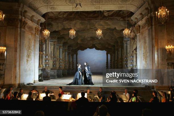 The thick, wooden-planked stage at the Drottningholms Slottsteater during a rehersal 27 July 2005, of French composer Jean-Philippe Rameau's...