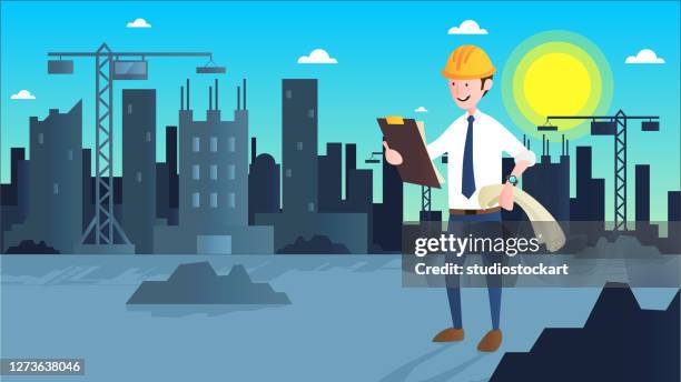 engineer watching a blueprint - architect portrait stock illustrations