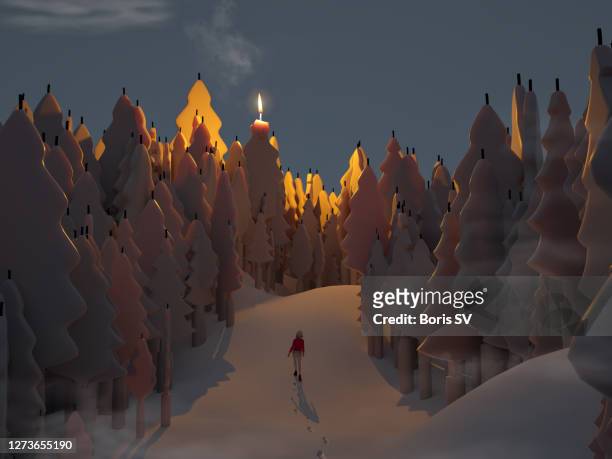 candle forest - woman snow outside night stockfoto's en -beelden