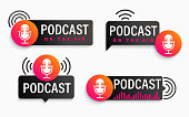 Set podcast symbols, icons with studio microphone.