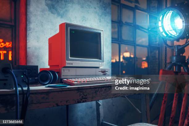 cyberpunk computer room - desktop pc stock pictures, royalty-free photos & images
