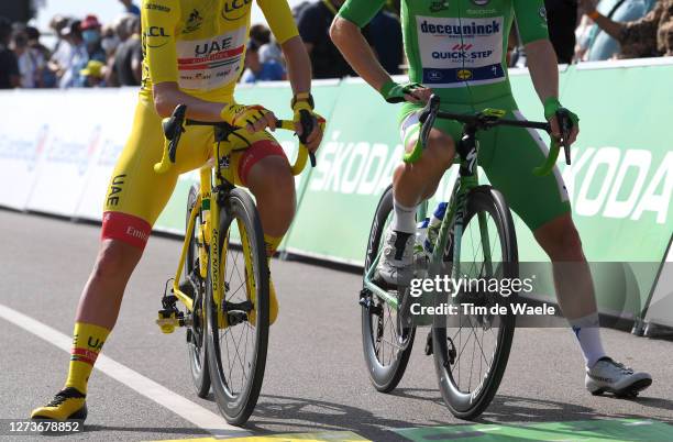 Start / Tadej Pogacar of Slovenia and UAE Team Emirates Yellow Leader Jersey / Sam Bennett of Ireland and Team Deceuninck - Quick-Step Green Points...