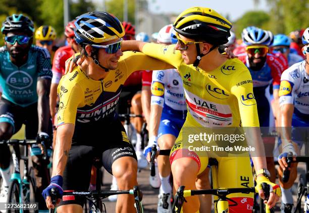 Primoz Roglic of Slovenia and Team Jumbo - Visma / Tadej Pogacar of Slovenia and UAE Team Emirates Yellow Leader Jersey / during the 107th Tour de...