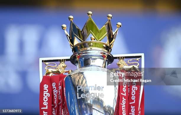 Detailed view of the Premier League trophy is seen prior to the Premier League match between Chelsea and Liverpool at Stamford Bridge on September...