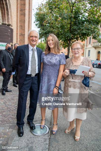 Gianni Mantovani, Alice Pavarotti and Gianna Mantovani attend Nicoletta Mantovani And Alberto Tinarelli Wedding at Sant Antonio da Padova Basilic on...