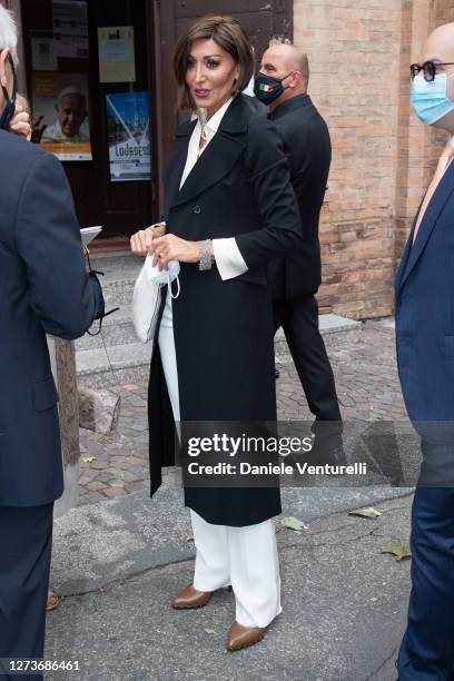 Anna Maria Bernini attends Nicoletta Mantovani And Alberto Tinarelli Wedding at Sant Antonio da Padova Basilic on September 20, 2020 in Bologna,...