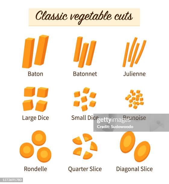 vegetable cut types - cutting food stock illustrations